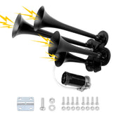 FILTERUP Train Air Horn Kit assembly photo shows a complete 12V system for various vehicles.
