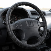 FINOO black lace-on steering wheel cover with universal 14-15 inch fit and secure lace-up design.