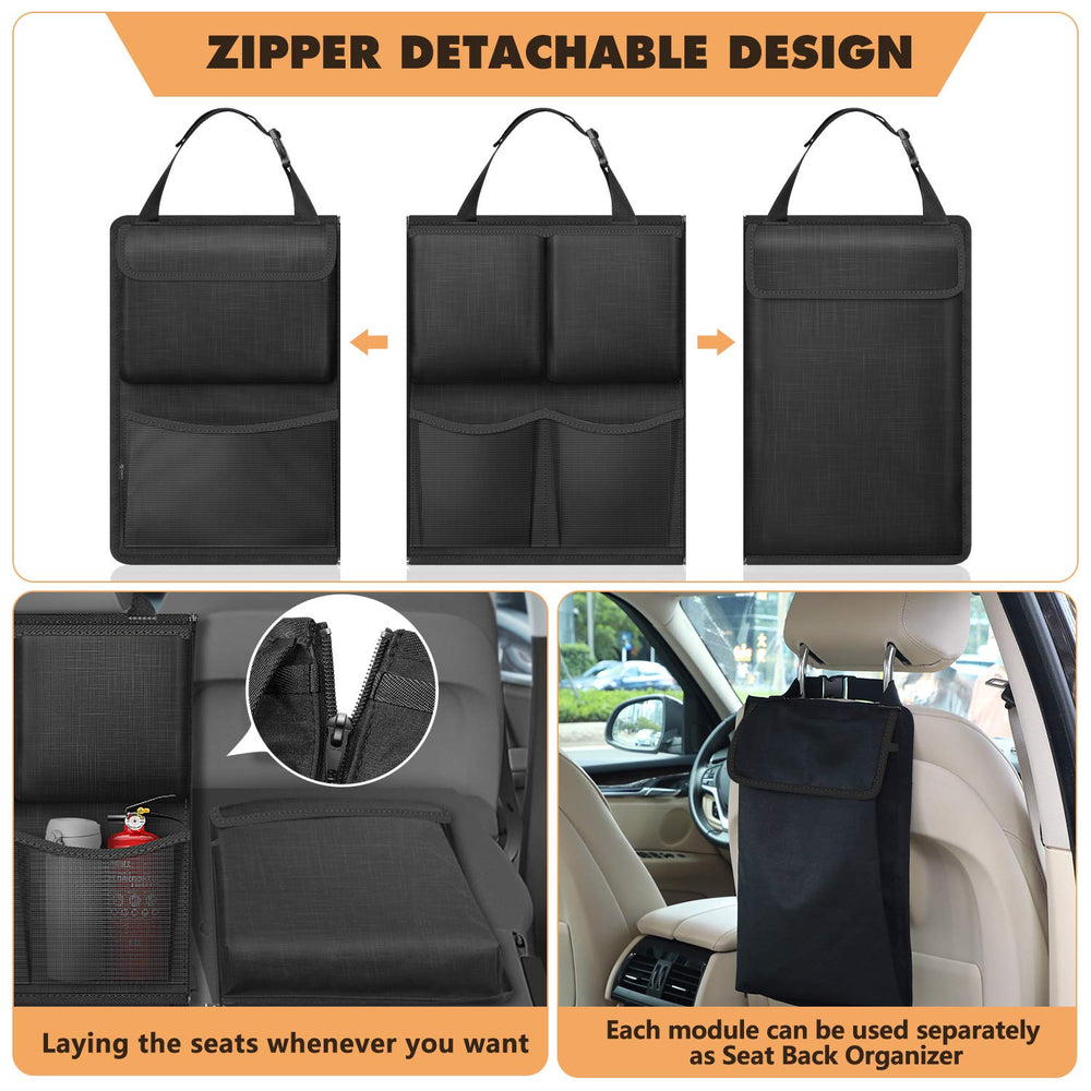 FINPAC backseat organizer demonstrating detachable zipper modules