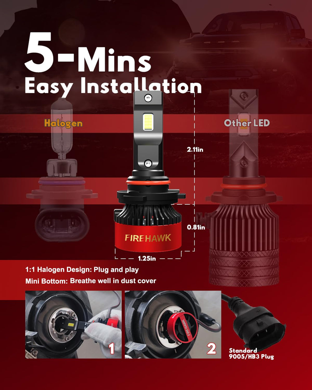 Firehawk 9005 LED bulbs built for durability and weather resistance with IP68 rating.
