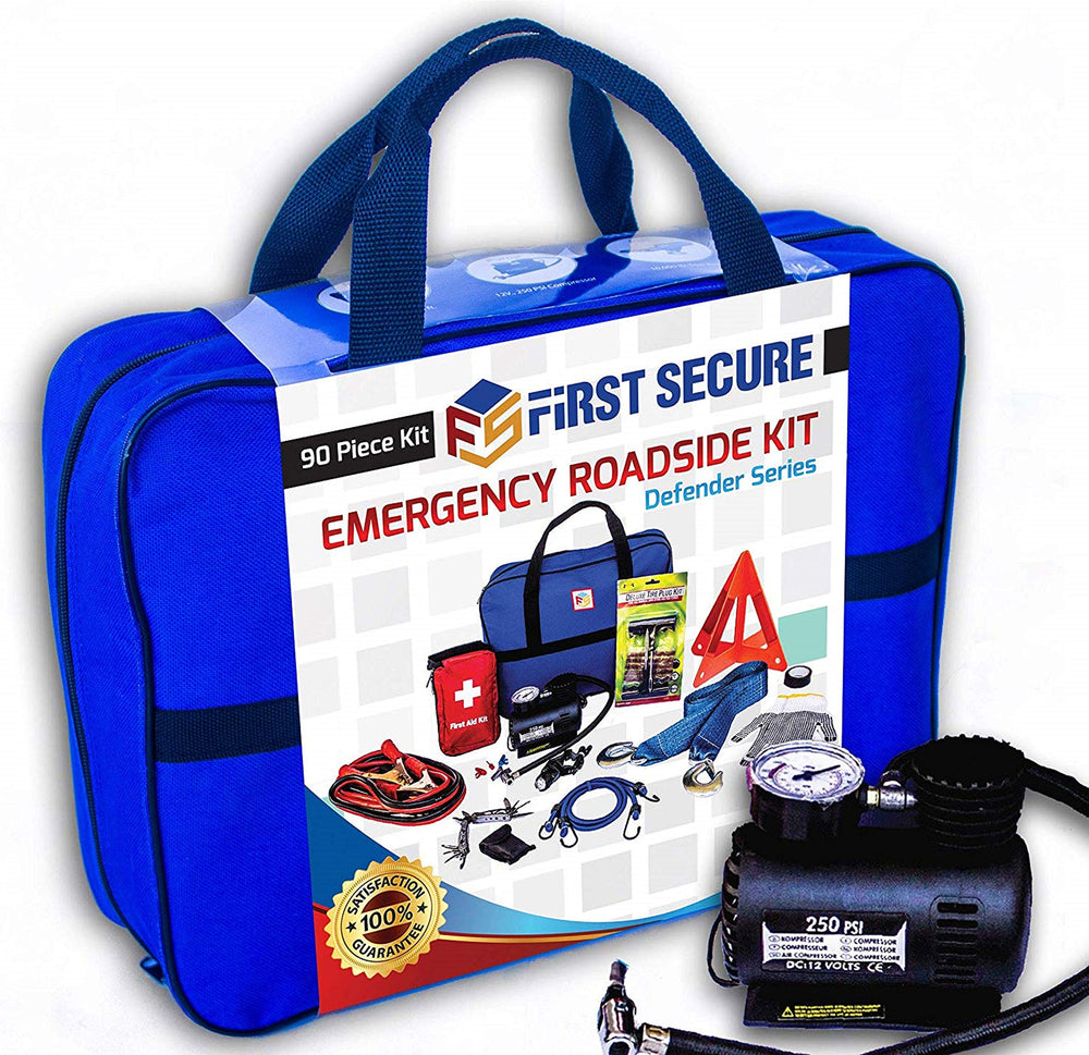 FIRST SECURE car emergency kit front view showing rugged storage and organized tools for the road