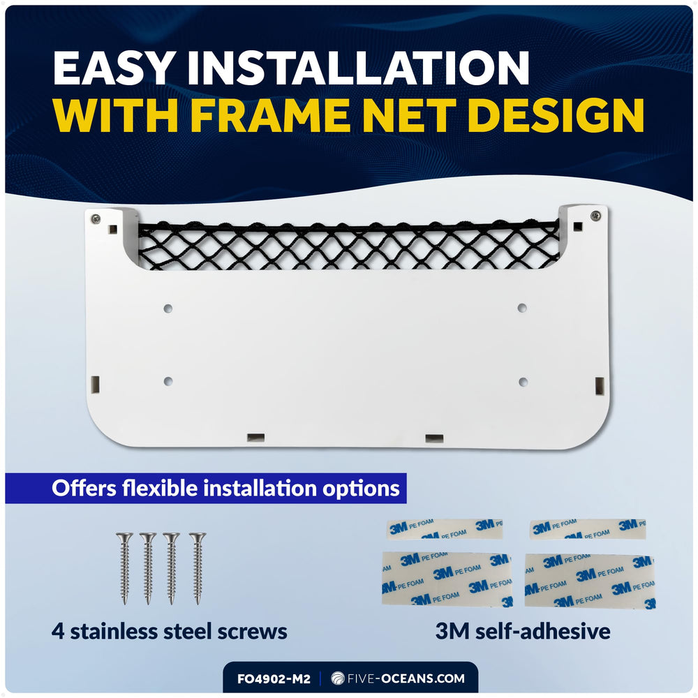 Five Oceans wall-mounted frame net storage optimizes vertical space on boats and RVs.