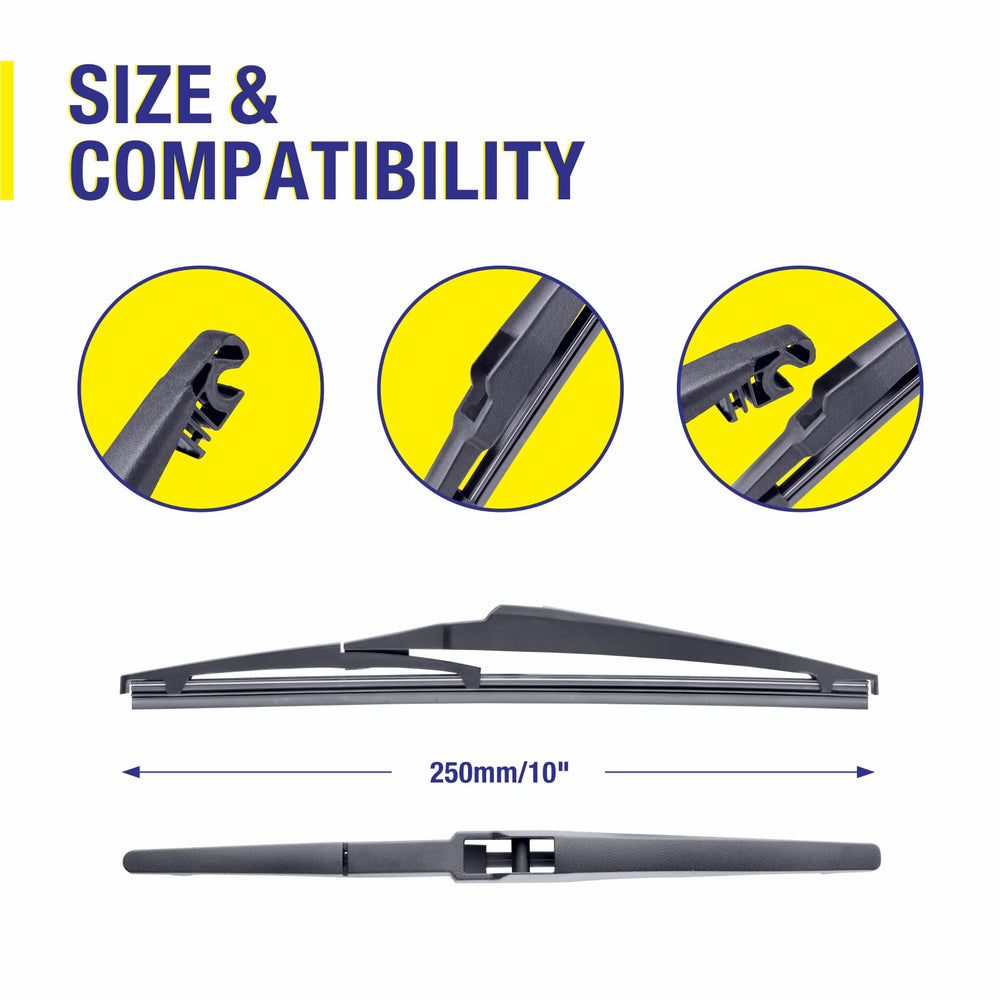Five Plus rear 10-inch wiper blade enhances rear window clarity.