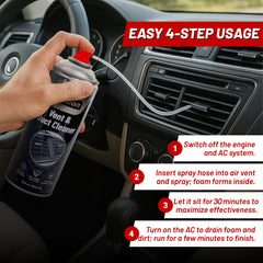 Foaming spray cleans dust build-up from car vent