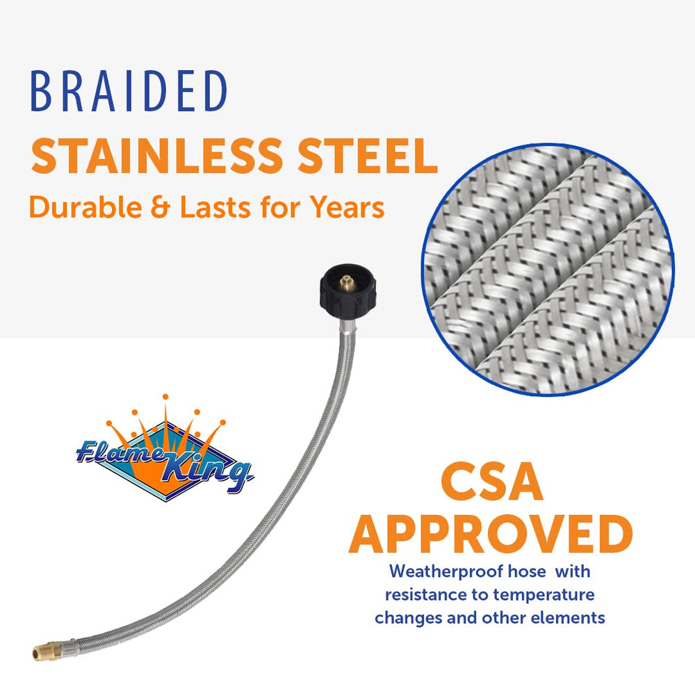 Excess flow protection in Flame King pigtail hose reduces leak risk during travel.