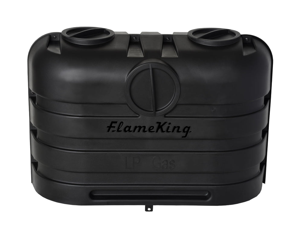 Flame King dual 20lb tank cover front view showing a sleek dual-tank setup.