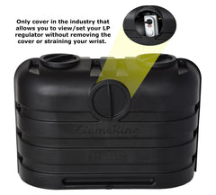 Flame King dual 20lb tank cover side access port enables regulator checks without removal.