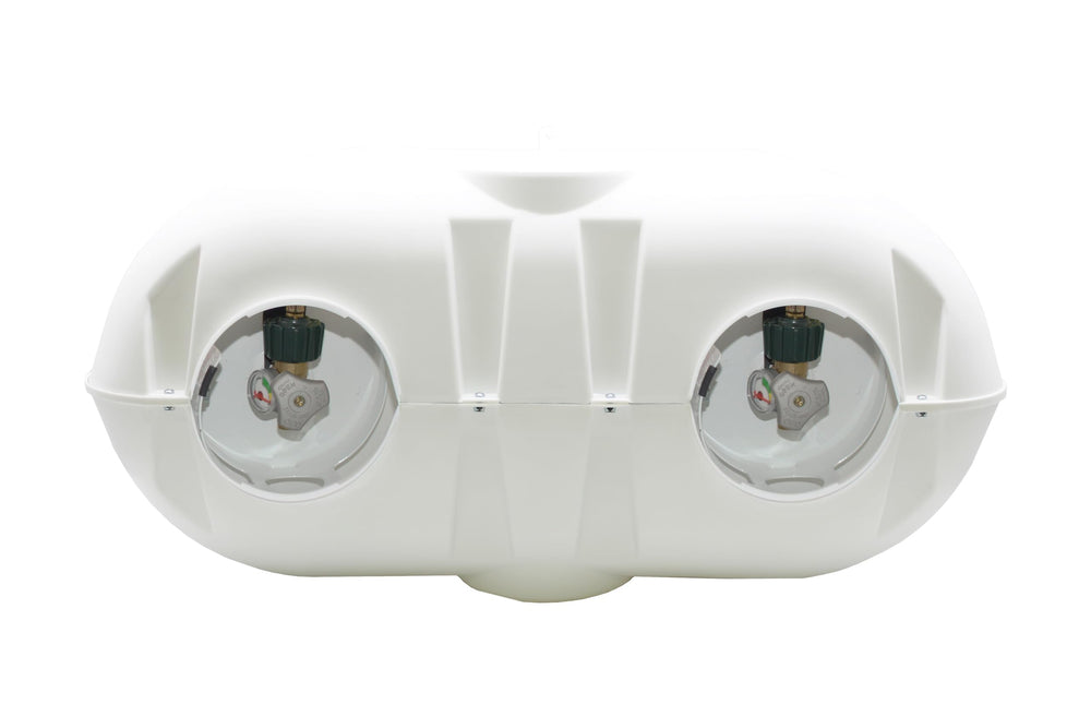 Flame King dual 30lb tank cover on RVs and trailers keeps setups tidy and protected.