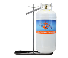 Flame King dual RV propane tank rack base keeps tanks stable during travel.