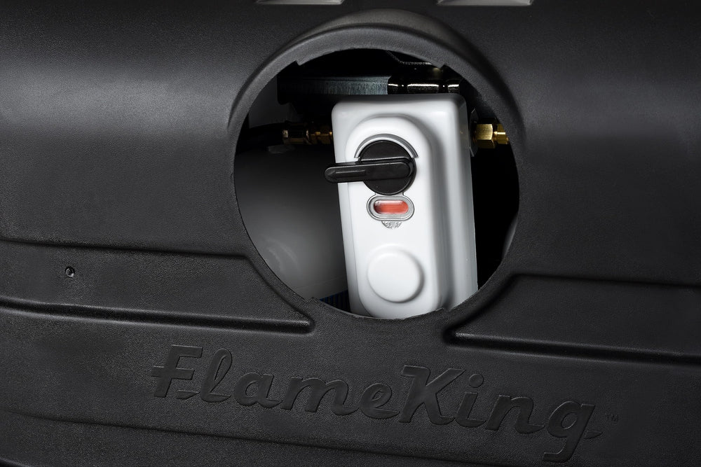 Flame King easy dual-tank fit illustration for RV or trailer setups.