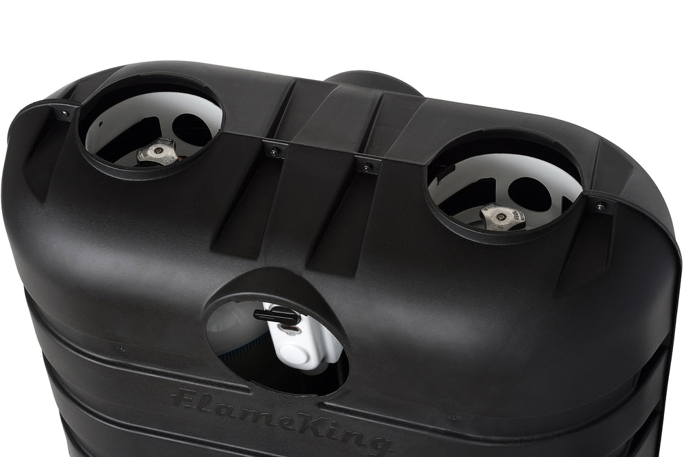 Flame King low-profile black finish preserves RV aesthetics while covering tanks.