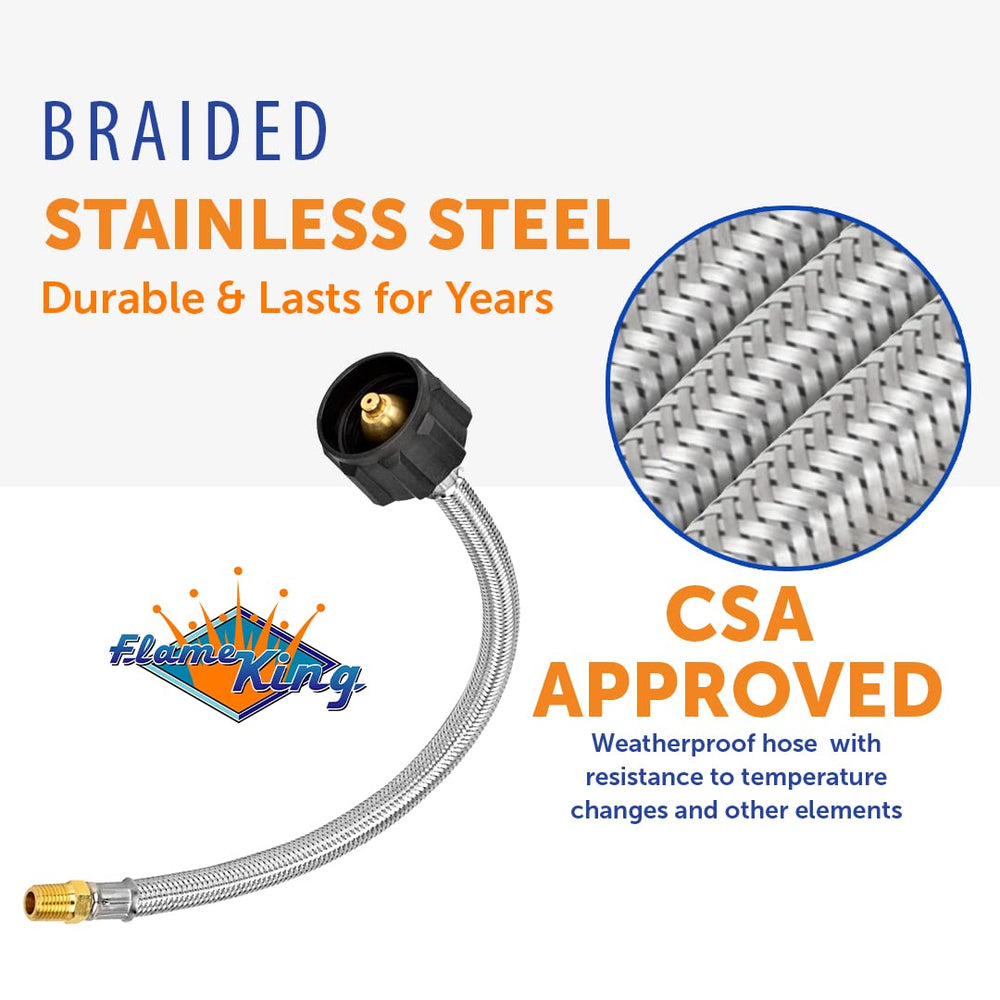Flame King SSPT12INX2 stainless braided hose close-up highlights durable construction
