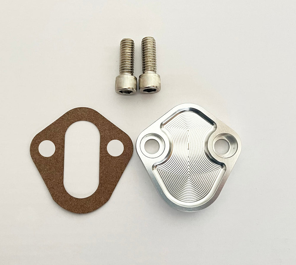Flashpower billet SB Ford fuel pump block-off plate, clear anodized finish, for clean sealing.