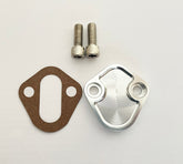 Flashpower billet SB Ford fuel pump block-off plate, clear anodized finish, for clean sealing.