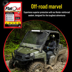 FlatOut Kevlar fibers sealant visual demonstrates reinforced protection for off-road tires