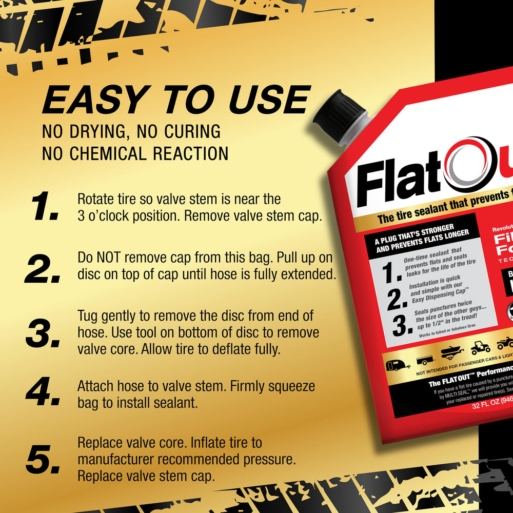 FlatOut sealant being poured for quick tubeless tire repairs on a dusty trail.