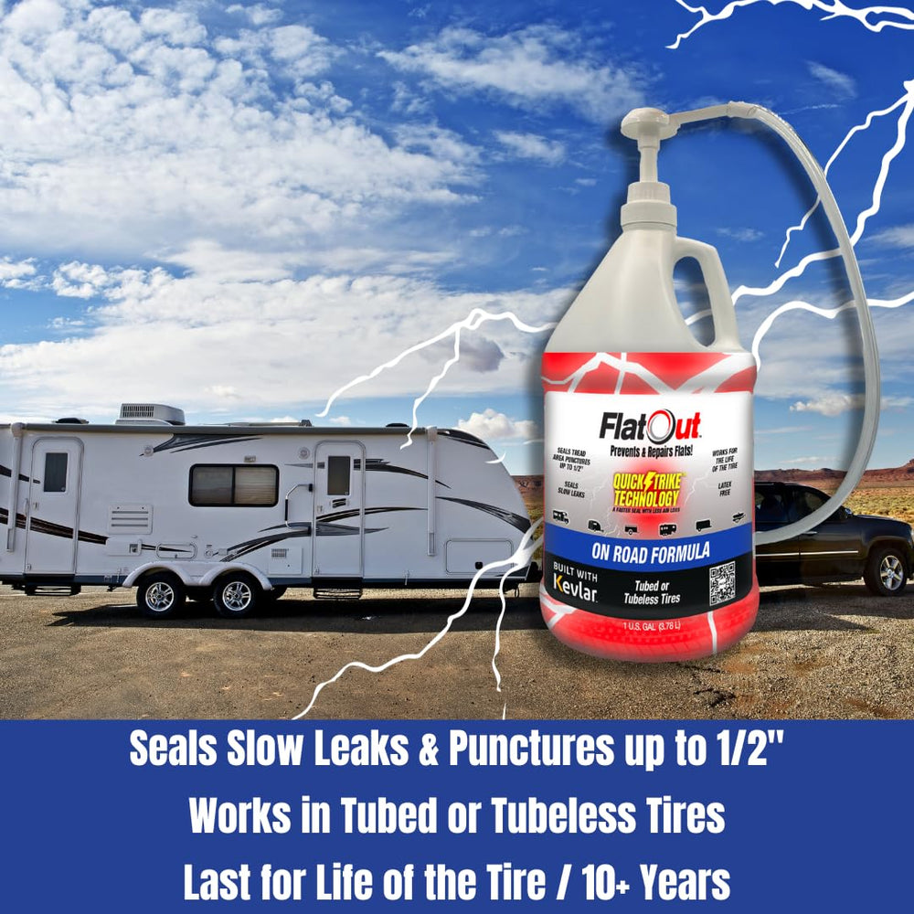 FlatOut QuickStrike Kevlar-fiber sealant strengthens puncture sealing capability.
