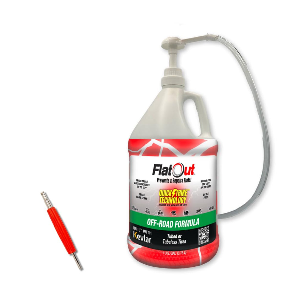 FlatOut QuickStrike tire sealant bottle showing rapid puncture sealing for tubeless tires