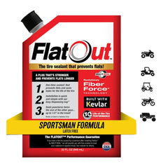 FlatOut Tire Sealant Sportsman Formula bottle pour shows puncture protection in action