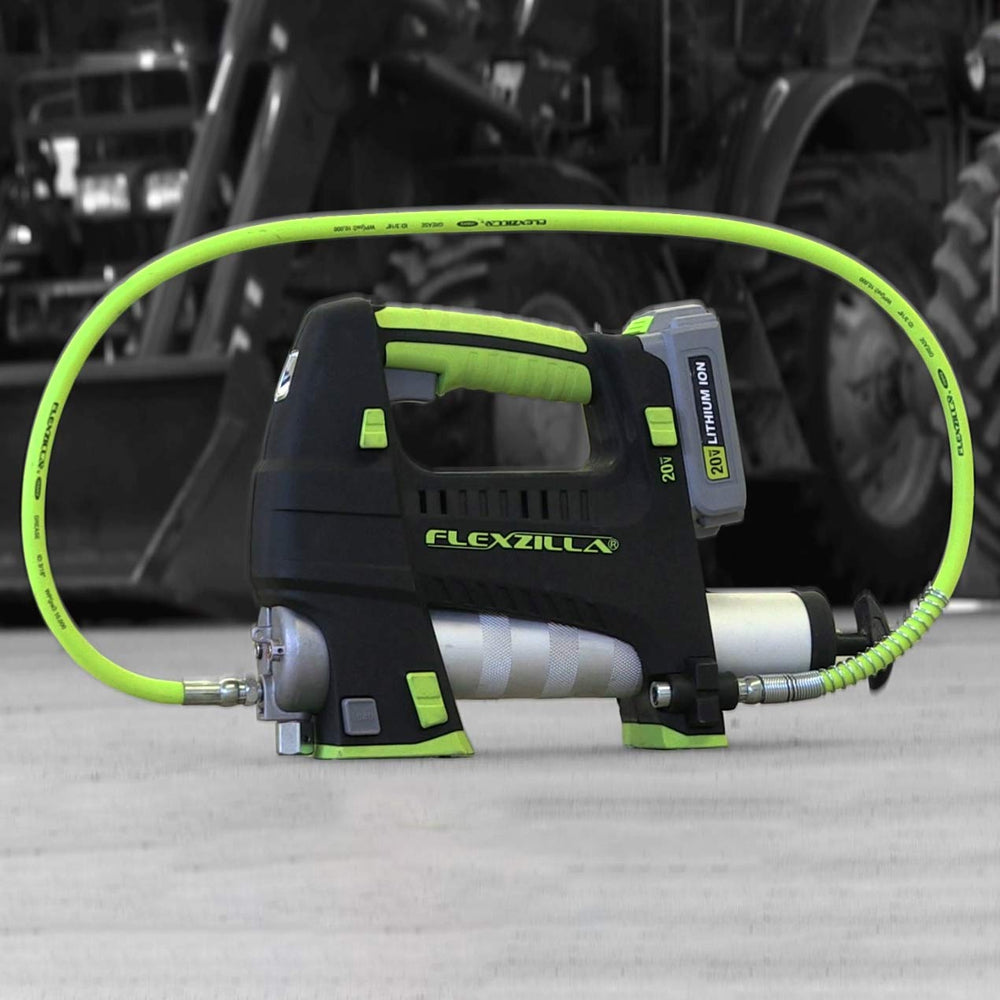 Flexzilla hose works with manual, battery, or air-powered grease guns