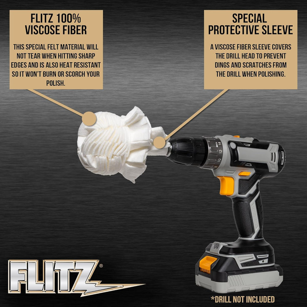 Flitz drill buffer attachment safely cleans painted and metal surfaces.