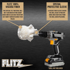 Flitz drill buffer attachment safely cleans painted and metal surfaces.