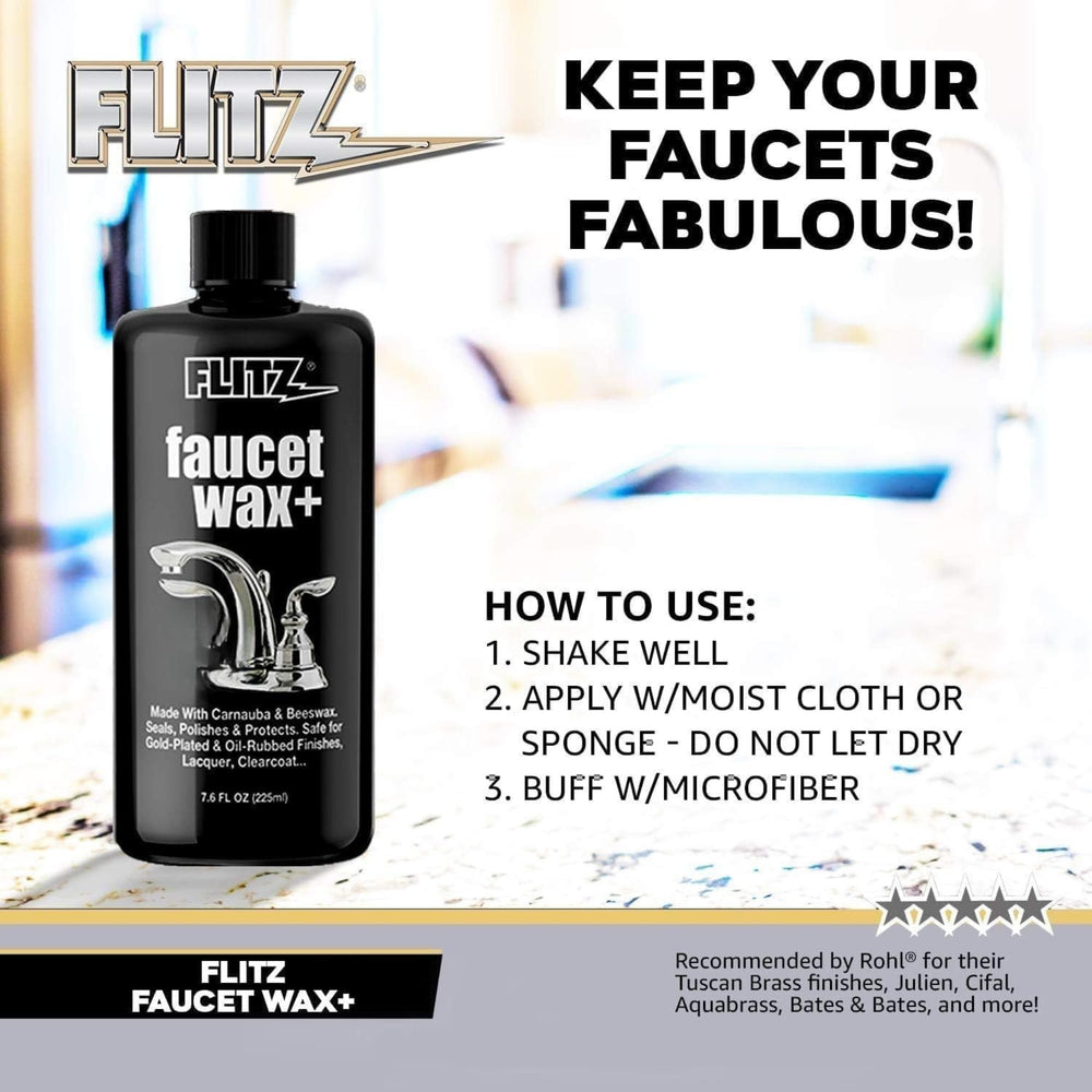 Flitz Faucet Wax Plus on brushed nickel for a bright, durable finish.