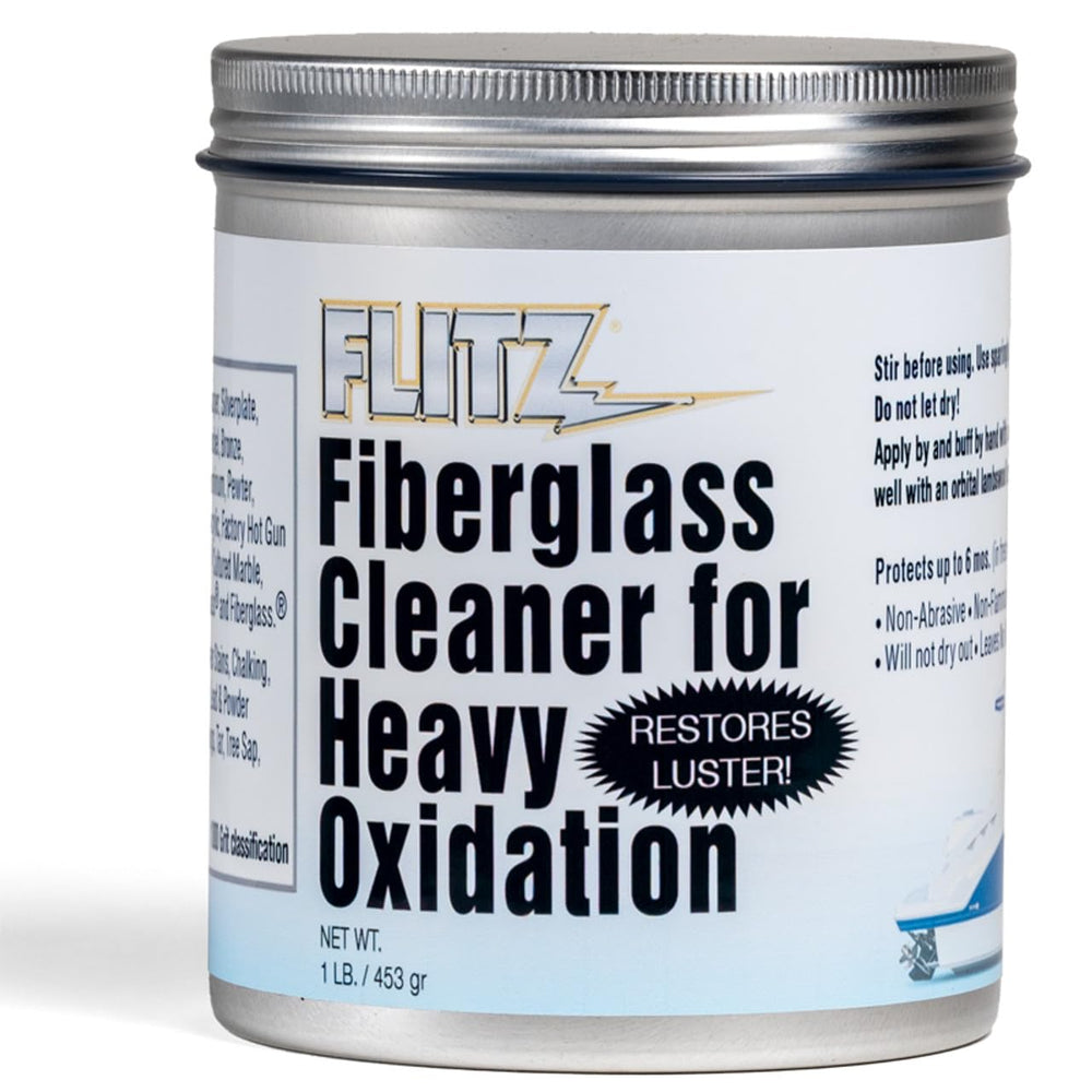 Flitz Fiberglass Cleaner jar removing heavy oxidation on faded fiberglass surface