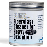 Flitz Fiberglass Cleaner jar removing heavy oxidation on faded fiberglass surface