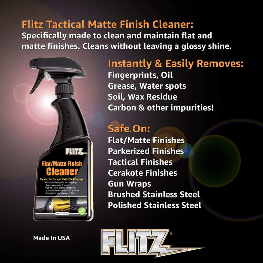 FLITZ matte detailer spray on vinyl wrap cleans fingerprints without adding shine.