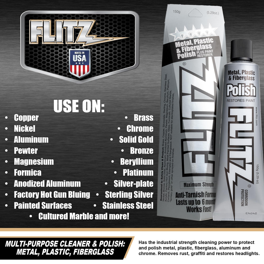 FLITZ label close-up shows USA-made polish suitable for solid metals