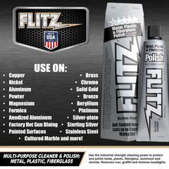 FLITZ label close-up shows USA-made polish suitable for solid metals