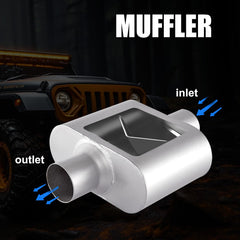 Floshine universal mufflers body dimensions and design for centered inlet and outlet.