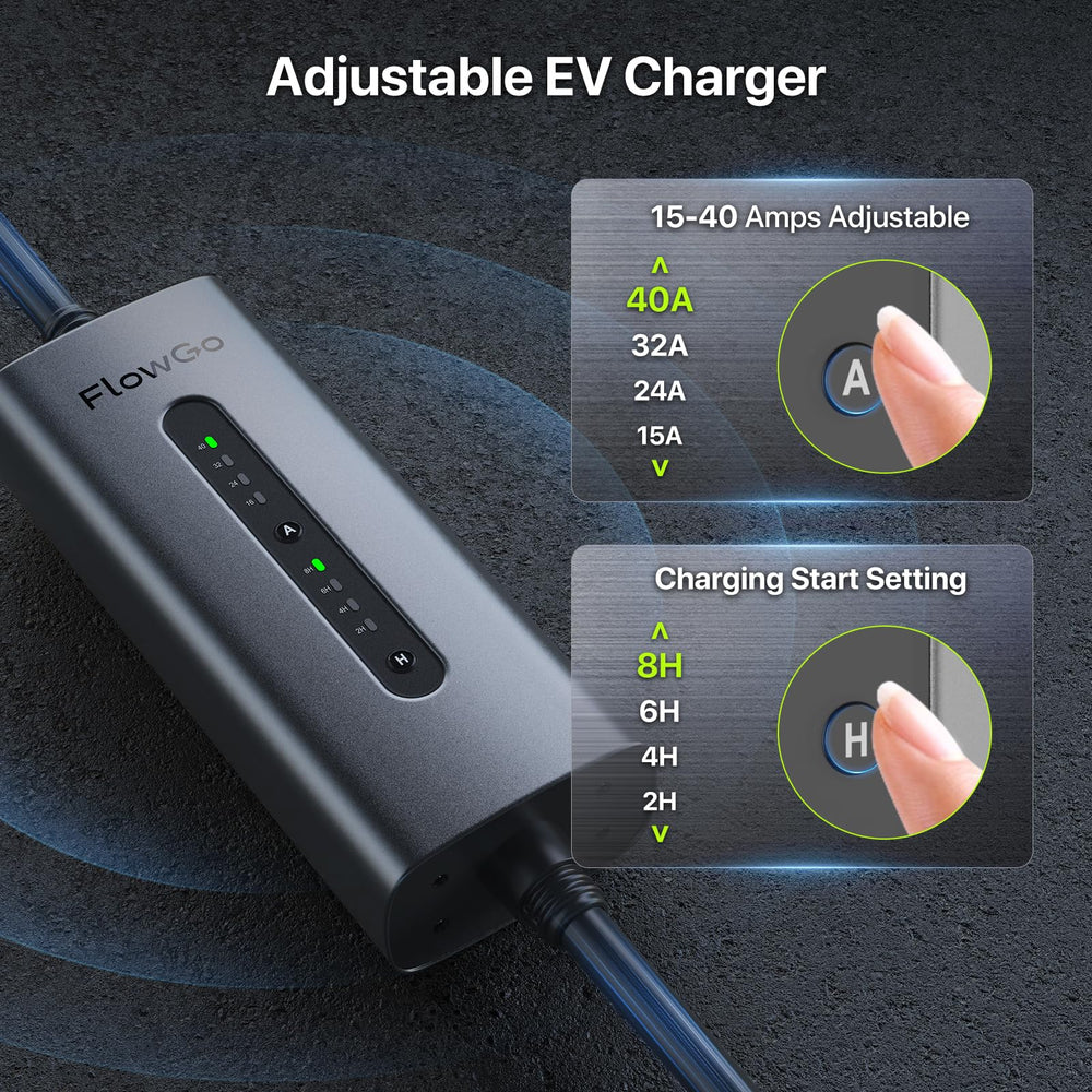 FlowGo IP65-cased charger shown outdoors, weather resistant
