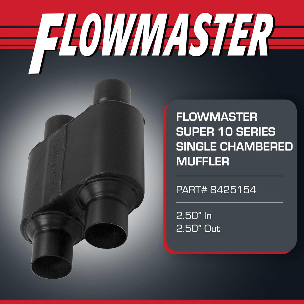 Flowmaster Super 10 Series muffler with dual in/out visible from the side.