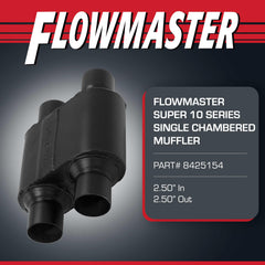 Flowmaster Super 10 Series muffler with dual in/out visible from the side.