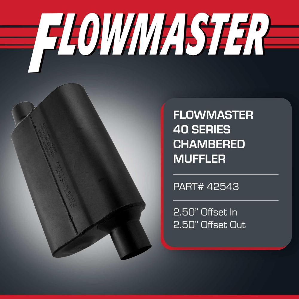 Close-up of Flowmaster two-chamber design highlighting aggressive exhaust character.