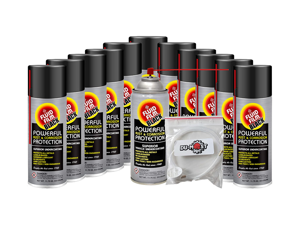 Fluid Film Black aerosol can applying corrosion protection to metal.