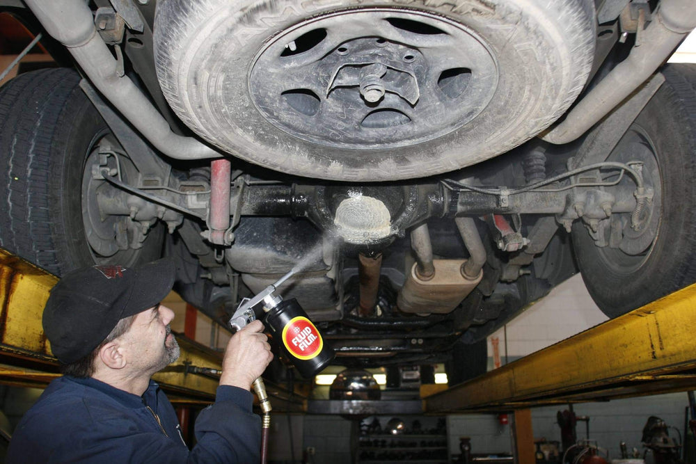 Fluid Film Black underbody coating application on metal surfaces to resist corrosion