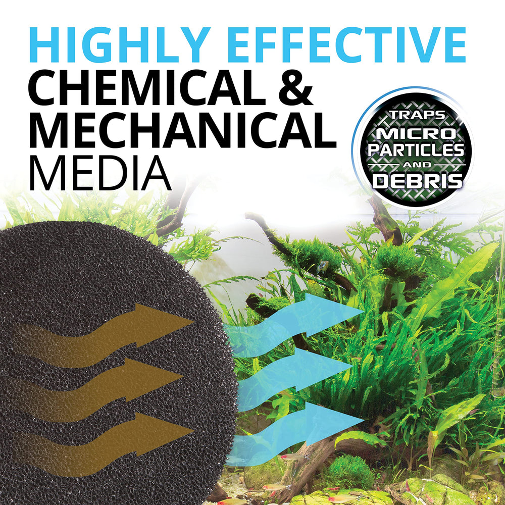 Carbon-foam pads in-filter action showing debris capture.