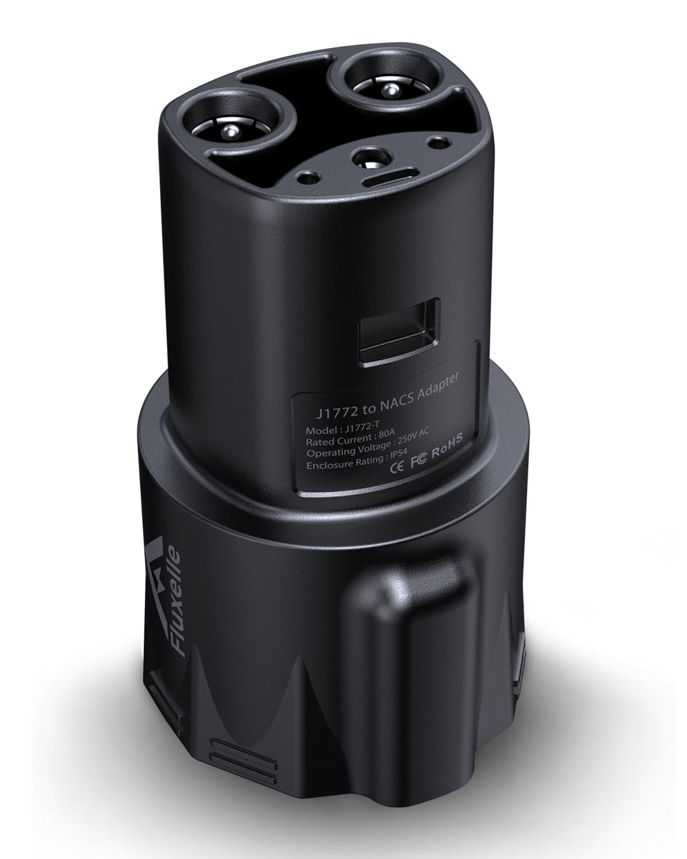 Fluxelle J1772 to Tesla adapter front view for versatile on-the-road charging.