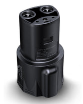 Fluxelle J1772 to Tesla adapter front view for versatile on-the-road charging.