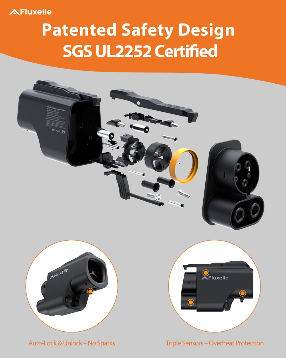 Fluxelle NACS to CCS adapter dual locking mechanism for safe connections during charging.