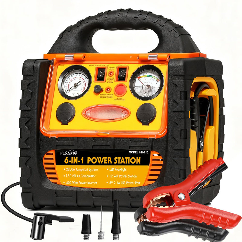 FlyAuto 6-in-1 jump starter front view powering car batteries on the road