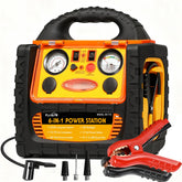 FlyAuto 6-in-1 jump starter front view powering car batteries on the road