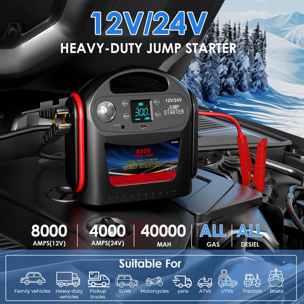 FlyAuto 8000A jump starter digital display shows voltage and status at a glance.