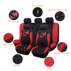 Flying Banner Butterfly car seat covers full set red, side view highlighting universal fit.