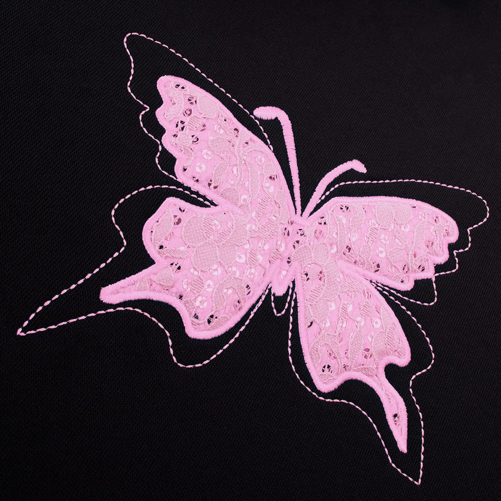 Flying Banner Butterfly pink lace detail close-up highlights premium fabric.