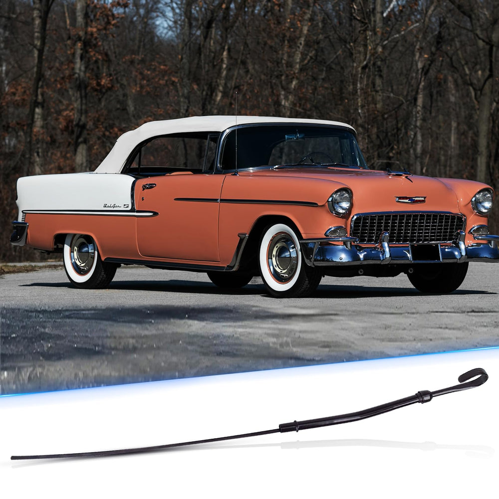 Flylin oil dipstick in a classic Chevy engine bay for era-specific engines.