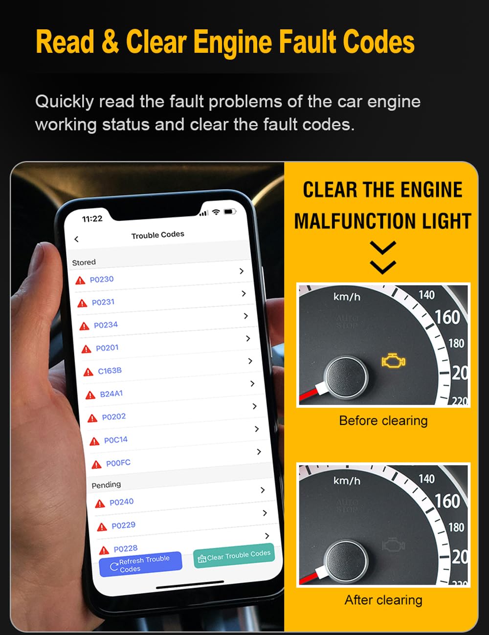 FlyroadUp OBD2 scanner live data display helps spot trends and performance changes.